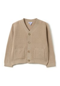 Beige gestreifter Strickcardigan mit V-Ausschnitt, vier Holzknöpfen und zwei vorderen Taschen. Weiche Textur und lockere Passform.