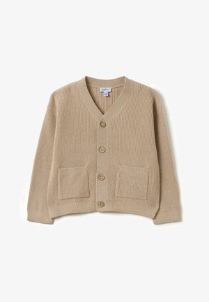 Beige ribbed knit cardigan with a V-neck, four wooden buttons, and two front pockets. Soft texture and relaxed fit.