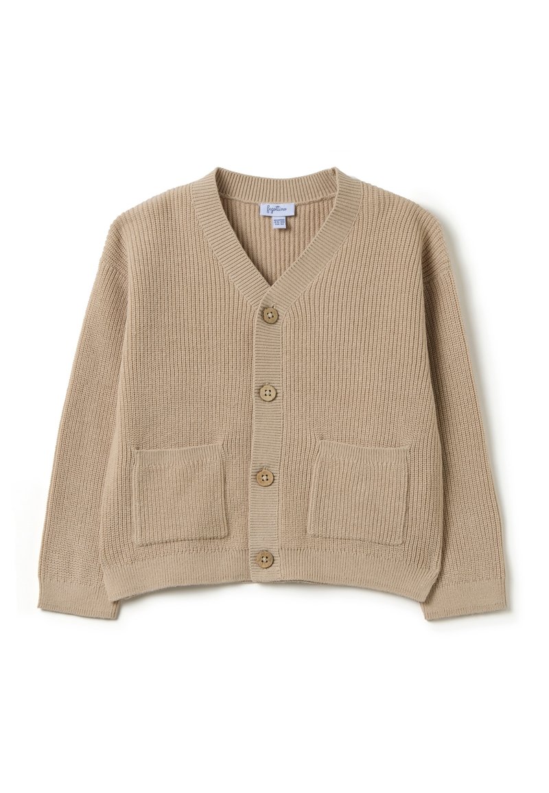 Beige gestreifter Strickcardigan mit V-Ausschnitt, vier Holzknöpfen und zwei vorderen Taschen. Weiche Textur und lockere Passform.