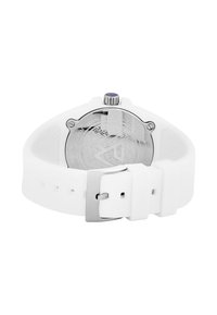 Correa de reloj de silicona blanca con hebilla de acero inoxidable plateado. Presenta una parte trasera texturizada y un detalle de corona púrpura.