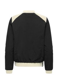 Veste bomber noire avec col, accents aux épaules, poignets et ceinture côtelés crème vue de dos.