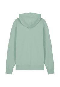Mintgroene hoodie met een trekkoord in de capuchon, lange mouwen en ribgebreide manchetten en onderkant. Glad textuur, eenvoudig ontwerp, geen zichtbare grafische elementen.