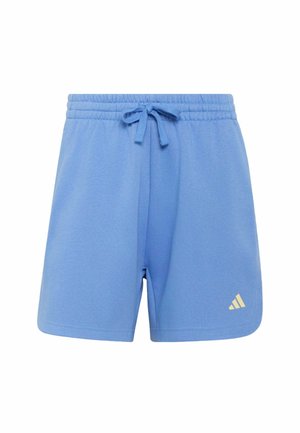 Plavi pamučni šorc s elastičnim pojasom i vezicom. Na donjem desnom dijelu nalazi se žuti Adidas logo. Glatka tekstura, ležeran dizajn.