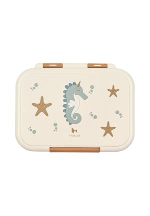 Seahorse-patterned lunchbox with a cream exterior, featuring brown accents and bubbles, plus starfish illustrations in gold.