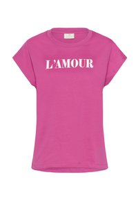 Pink short-sleeve t-shirt made of cotton, featuring a white print that reads "L'AMOUR" across the front. Casual, round neckline.