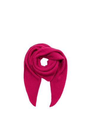 Bright pink knitted scarf folded in a triangular shape with a textured pattern and two pointed ends visible.