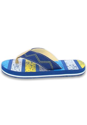 Blå og gul stribet flip-flop med tekstureret sål og mørkeblå stofstrop med gult zigzag-syning.