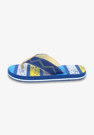 Tongs rayées bleu et jaune avec semelle texturée et bride en tissu bleu foncé avec coutures zigzag jaunes.