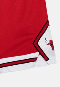 Rote Basketballshorts mit weißen Streifen, die ein schwarz-rot gestreiftes Design und ein Chicago Bulls-Logo am Saum aufweisen.