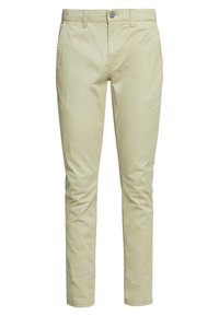 Light beige chinos with a slim fit, crafted from cotton blend fabric. Features a zipper fly and button closure, with front and back pockets.