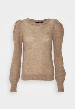 Maglione marrone chiaro a maglia con maniche lunghe a sbuffo, scollo rotondo e polsini a costine. Tessuto strutturato che conferisce un aspetto morbido.