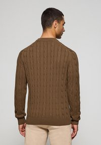 Suéter marrón de punto con un patrón de trenzas, puños y dobladillo acanalados, y diseño de cuello redondo, visto desde la parte de atrás.