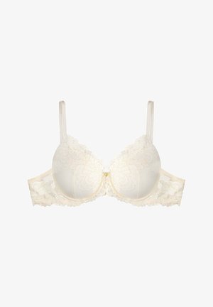 Underwire bra in cream with lace detailing, floral pattern, padded cups, adjustable straps, and a small gold accent at the center.