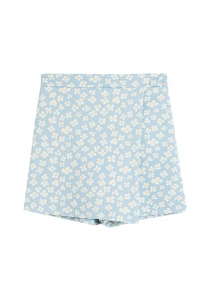Pantalones cortos de tela azul con un patrón floral en blanco. Presentan un diseño envolvente y una textura suave. No tienen hardware o acentos visibles.