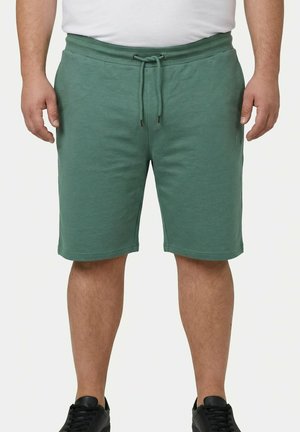 Man die groene korte broek met trekkoord en zwarte sneakers draagt, staand met ontspannen armen langs het lichaam tegen een effen achtergrond.