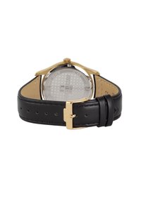 Svart läderrem klocka med en guldfärgad boett och en genomskinlig baksida, med en texturerad silver urtavla som har varumärkesdetaljer.