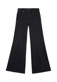 Zwart denim met wijde pijpen en een hoge taille, voorzien van het klassieke ontwerp met vijf zakken en een knoopsluiting. Gestructureerde stof, minimale details.