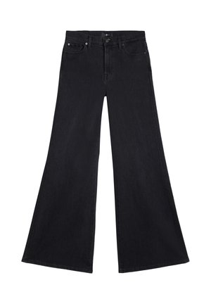 Jeans in denim nero a gamba larga con vita alta, caratterizzati dal classico design a cinque tasche e chiusura con bottoni. Tessuto strutturato, dettagli minimi.