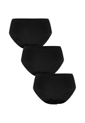 Tre slip neri senza cuciture impilati diagonalmente su sfondo bianco.