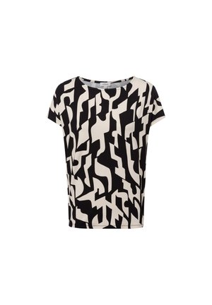 Dames top met korte mouwen met abstract zwart-wit geometrisch patroon en ronde halslijn.