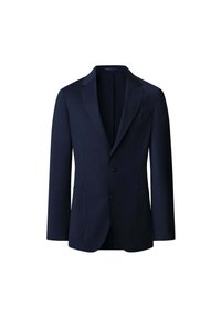 Granatowy żakiet wykonany z gładkiej tkaniny, z klapami w serek, z zapięciem na dwa guziki oraz dwoma przednimi kieszeniami, o dopasowanym kroju.