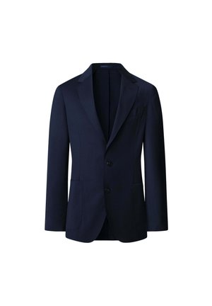 Granatowy żakiet wykonany z gładkiej tkaniny, z klapami w serek, z zapięciem na dwa guziki oraz dwoma przednimi kieszeniami, o dopasowanym kroju.
