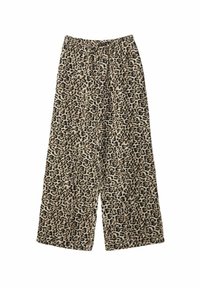 Pantalon large à imprimé léopard en beige et marron foncé, doté d'une taille élastique et d'un tissu doux et texturé.