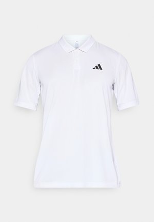 Hvid polo lavet af et glat stof, med en klassisk krave, korte ærmer og en sort Adidas-logo på venstre bryst.