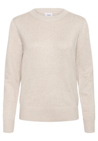 Bež pleten pulover z okroglim izrezom, dolgimi rokavi in teksturiranim vzorcem z malimi bleščečimi poudarki na sprednji strani.