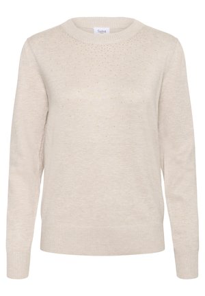 Béžový pletený sveter s okrúhlym výstrihom, dlhými rukávmi a textúrovaným vzorom s malými trblietavými akcentmi na prednej strane.
