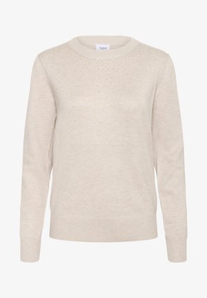 Béžový pletený sveter s okrúhlym výstrihom, dlhými rukávmi a textúrovaným vzorom s malými trblietavými akcentmi na prednej strane.
