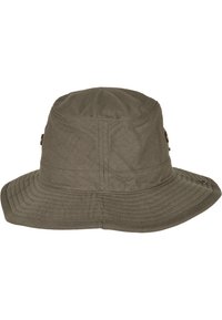 Olivewozielony kapelusz typu bucket wykonany z teksturowanej tkaniny, z szerokim rondem i metalowymi akcentami. Projekt jest prosty, z przeszytymi detalami.