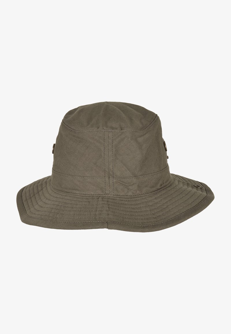 Pălărie de tip bucket de culoare verde măslin, realizată dintr-un material texturat, având o margine lată și accente metalice. Designul este simplu, cu detalii cusute.