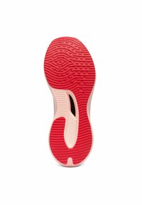 Semelle de chaussure de sport avec un motif de traction en caoutchouc rouge, présentant une bordure blanche lisse et une section noire surélevée au centre.