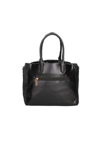 Sac fourre-tout noir avec un devant en cuir lisse et des côtés en mesh texturé. Comprend des poignées de transport doubles et une poche zippée à l'avant avec garnitures dorées.