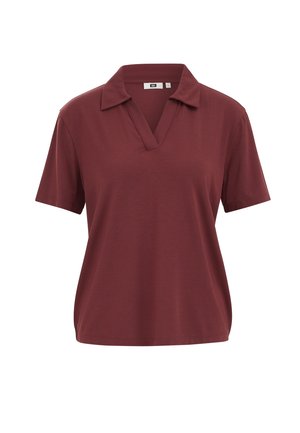 Lühikeste varrukatega tumepunane polosärk avatud V-kaelusega, esitatud valgel taustal.