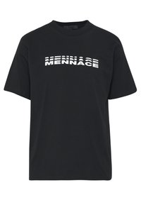 T-shirt en coton noir avec un texte blanc audacieux "MENNACE" dans un style déformé, col rond, manches courtes et coupe décontractée.