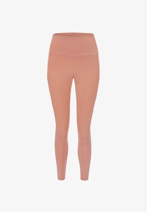 Svetlo roza leggingi, izdelani iz raztegljivega, gladkega materiala. Visok pas z prilegajočim dizajnom in brez vidnih vzorcev ali kovinskih delov.
