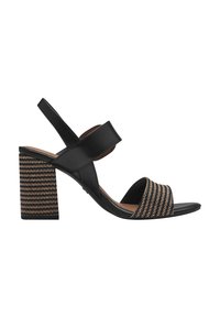 Sandali neri con tacco alto, dotati di una ampia fascia intrecciata e un tacco a blocco con motivo a righe. Realizzati in pelle e tessuto testurizzato.