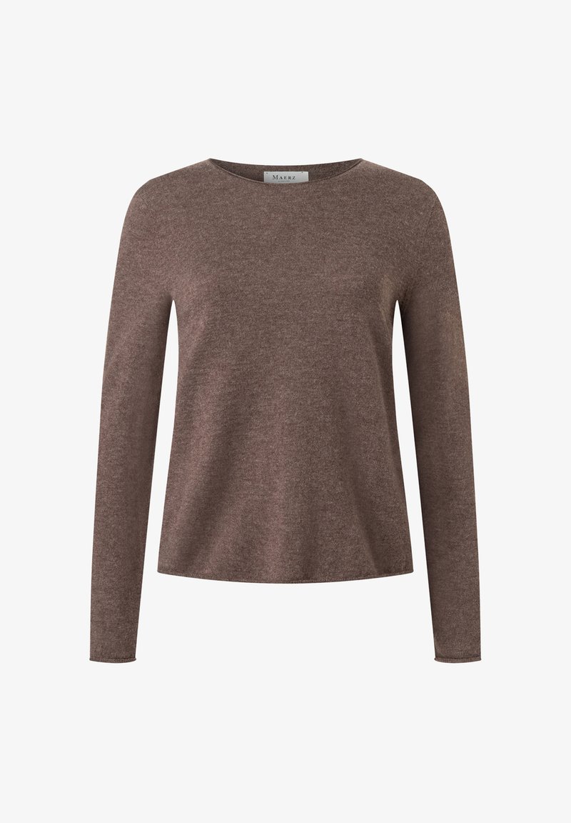 Brown long-sleeve shirt made from soft fabric, featuring a round neckline and relaxed fit. No visible patterns or hardware details.