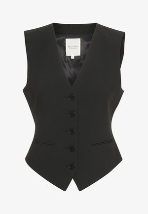 Must mustriga vest ilma varrukateta, sügava V-kaelusega, viie eesmine nupuga ja kahe vertikaalse taskuga; valmistatud siledast kangast, mis on disainitud mugavalt keha järgi.