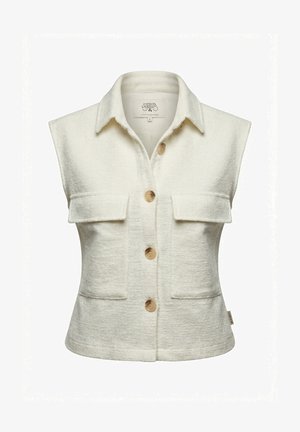 Gilet chemise sans manches crème texturé avec col, quatre boutons beige et deux poches poitrine à rabat.