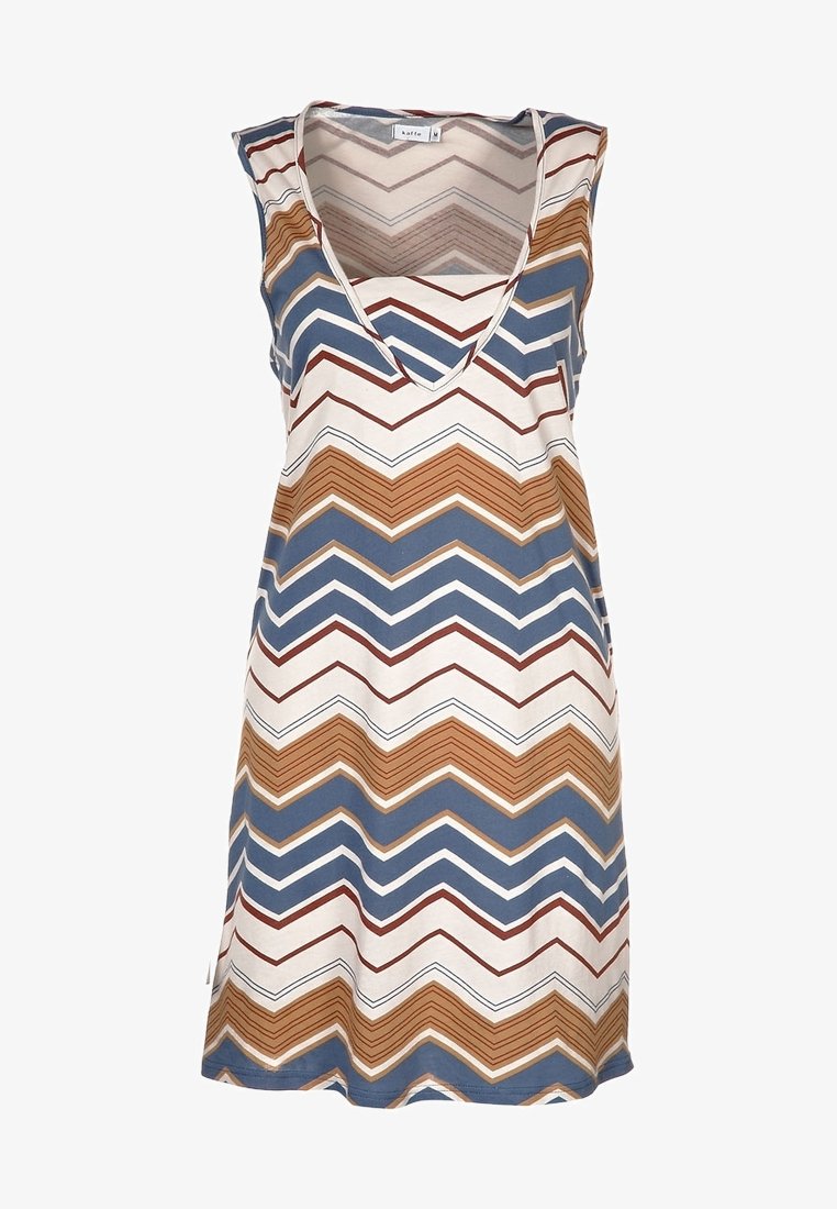 Robe sans manches avec un col en V, présentant un motif en zigzag bleu, marron et crème. Confectionnée dans un tissu doux et léger.