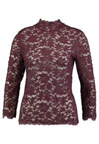 Burgundy spets långärmad topp med hög hals och blommönster, med scallopade kanter och en semi-transparent textur.