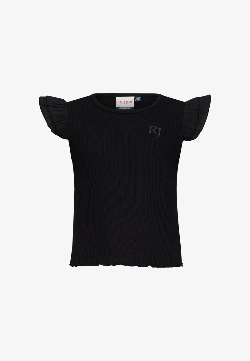 Czarny krótkopolski top z prążkowanego materiału, z falbaniastymi rękawami, z falistym dołem oraz subtelnym haftowanym logo "RJ" na przodzie. Miękka tekstura, casualowy styl.
