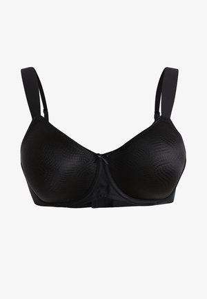 Black bra with smooth fabric, contoured cups, and adjustable straps. Features a subtle pattern and a decorative bow at the center.