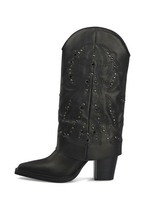 Stivale da cowboy in pelle artificiale nera con punta affilata, decorato con cuciture intricate e dettagli in argento, dotato di tacco robusto.