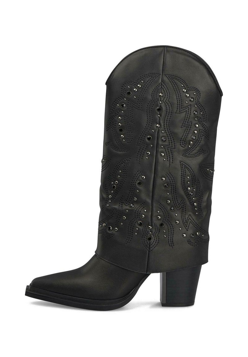 Stivale da cowboy in pelle artificiale nera con punta affilata, decorato con cuciture intricate e dettagli in argento, dotato di tacco robusto.