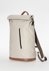 Light gray roll-top backpack, waterproof material, brown leather bottom, black zipper pocket, padded brown mesh straps, minimalist design.