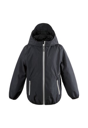 Veste noire à capuche avec fermeture éclair frontale, deux poches latérales zippées et manches avec poignets élastiques, conçue pour le temps froid ou pluvieux.